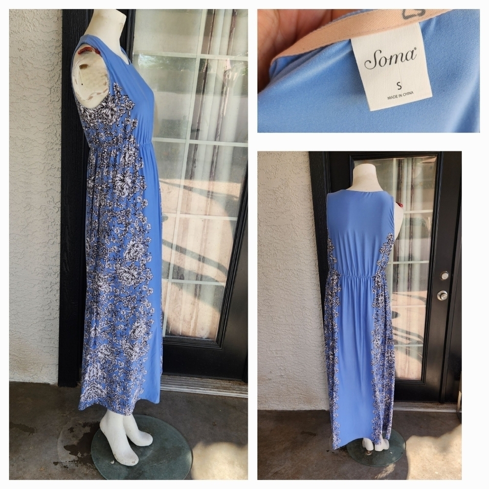 Soma  Maxi Dress High Neck Blue Floral‎ Long Stretch Jersey - Picture 2 of 2